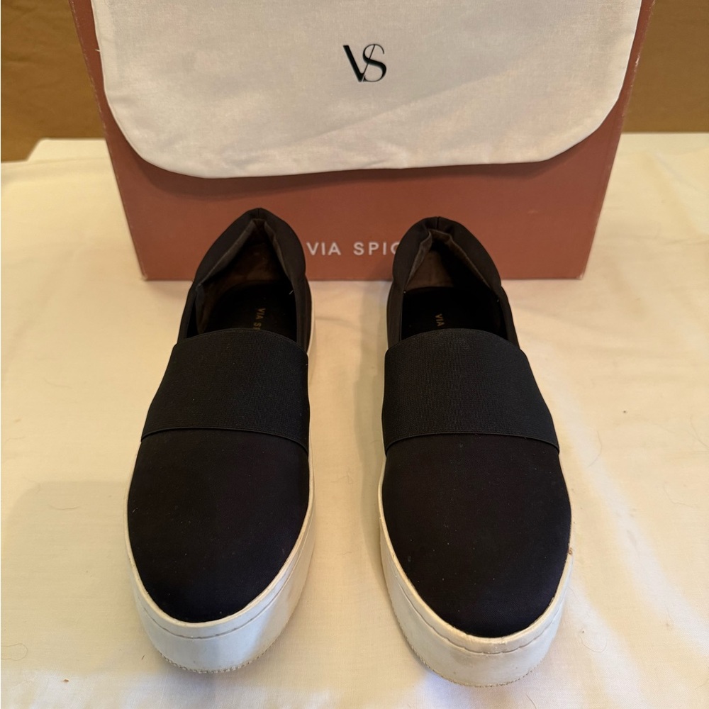 Via Spiga Black Canvas Platform Slip-On Sneakers